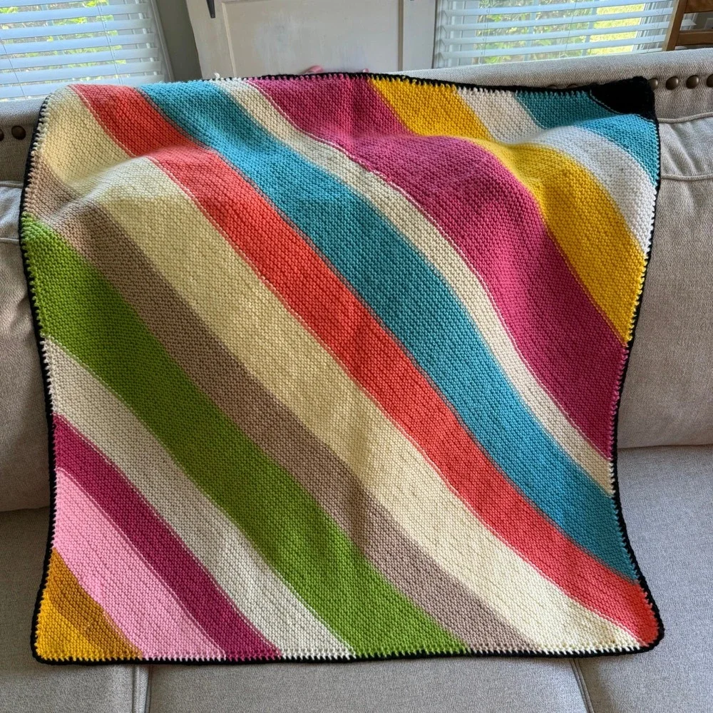 Handmade Knit Rainbow Stripe‎ Baby Nursery Blanket with Cross Boho Kidcore 36x36